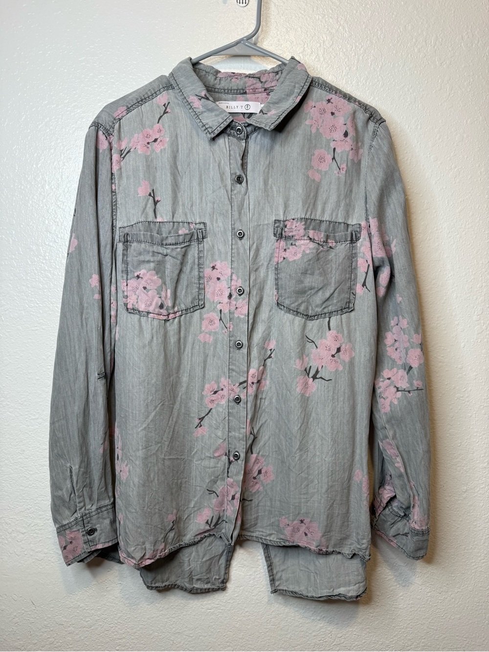 Billy T Women's Gray Cherry Blossom Floral Button Down Shirt Roll Sleeve Size XL